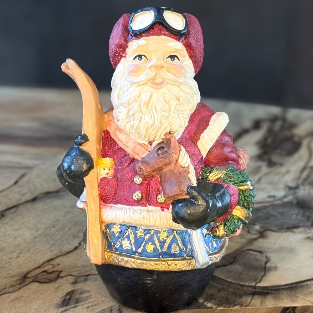 Vintage Skiing Santa Figurine w/ Wreath & Toy Bag by Windsor Collection, 5.5"H